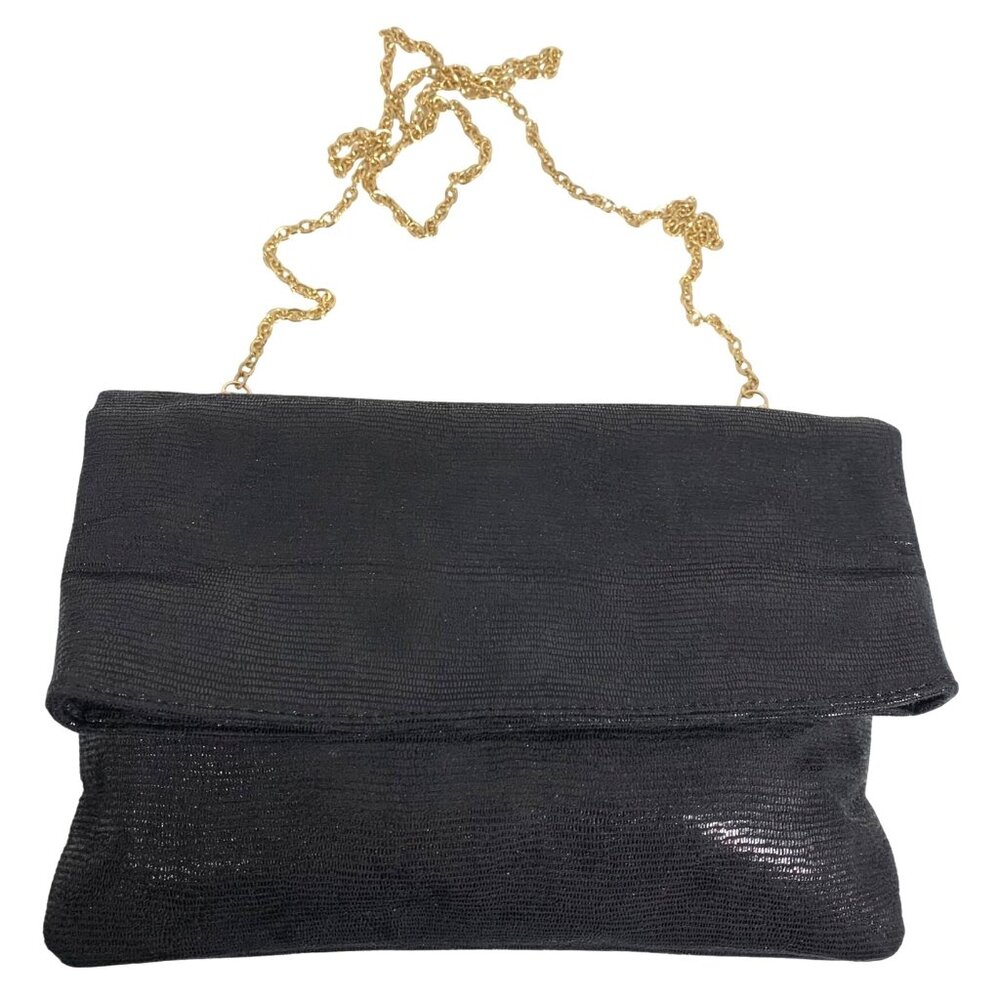 MODA LUXE Shimmery Black Flap Clutch Gold Tone Chain Strap Shoulder Bag